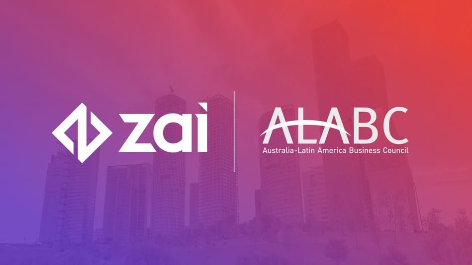 Pink and purple background with Zai and ALABC logos in white.